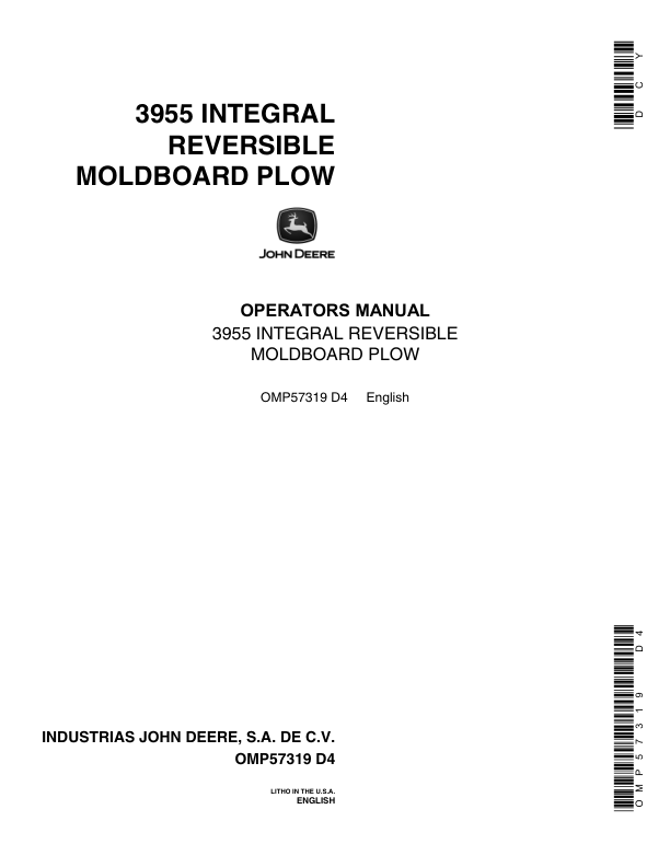 John Deere 3955 Reversible Two-Way Integral Moldboard Plow Operator's Manual (OMP57319)