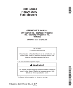 John Deere 360 (-002499), 370 (-002799), 390 (-004599) 300 Series Heavy-Duty Flail Mowers Operator's Manual (OMP57933)