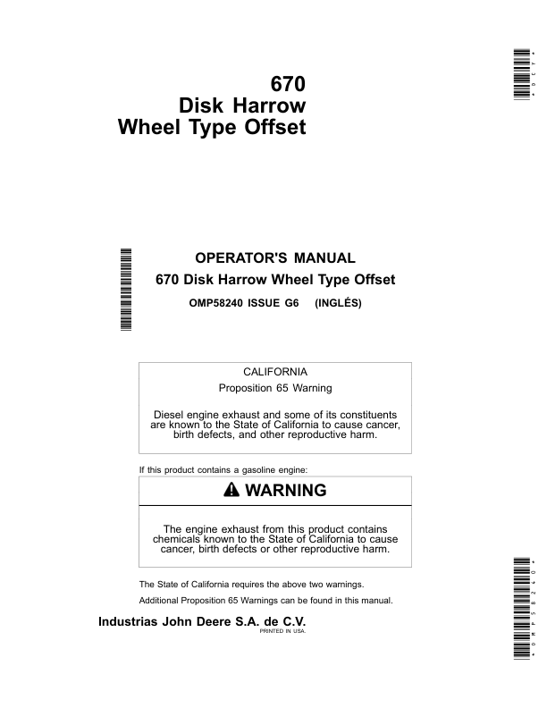John Deere 670 Disk Harrow Wheel Type Offset (Mexico Edition) Operator's Manual (OMP58240)