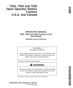 John Deere 7220, 7320, 7520 Open Operator Station Tractors Operator's Manual (OMP70963)