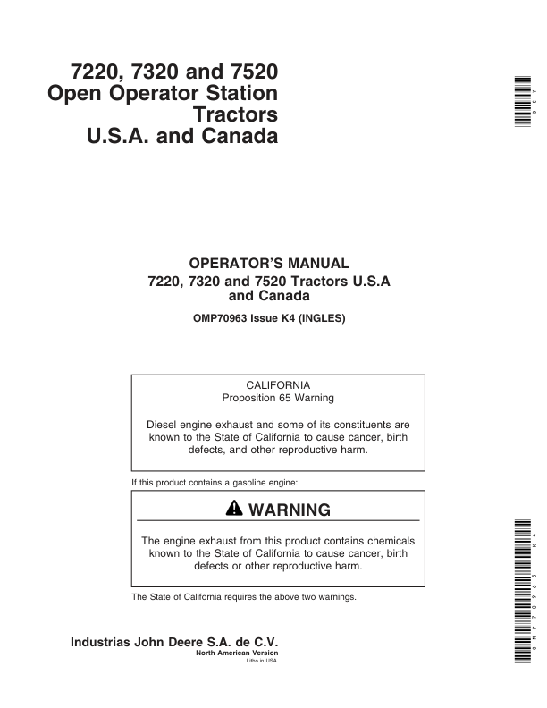 John Deere 7220, 7320, 7520 Open Operator Station Tractors Operator's Manual (OMP70963)