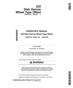 John Deere 225 Disk Harrow Wheel Type Offset (North American) Operator's Manual (OMP72011)