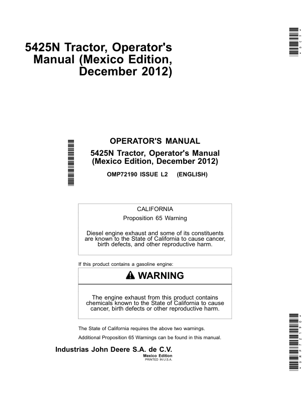 John Deere 5425N Narrow Tractors Operator's Manual (OMP72190)