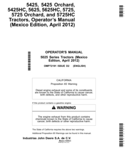 John Deere 5425, 5425 Orchard, 5425HC, 5625, 5625HC, 5725, 5725 Orchard, 5725HC Tractors Operator's Manual (OMP72191)