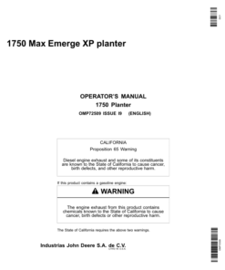 John Deere 1750 MaxEmerge XP Planter (Manufactured in Mexico) Export to South Africa Operator's Manual (OMP72509)