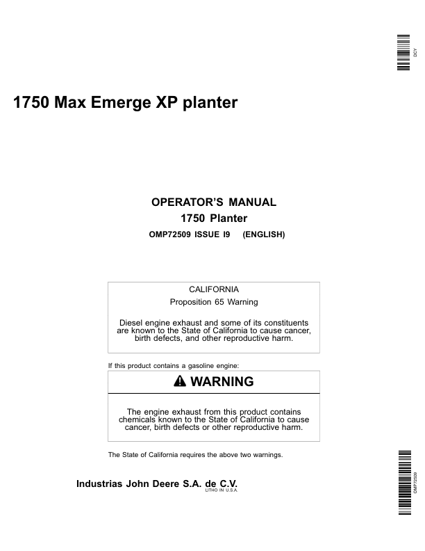 John Deere 1750 MaxEmerge XP Planter (Manufactured in Mexico) Export to South Africa Operator's Manual (OMP72509)