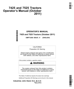 John Deere 7425 & 7525 Tractors Export Edition Operator's Manual (OMP73266)