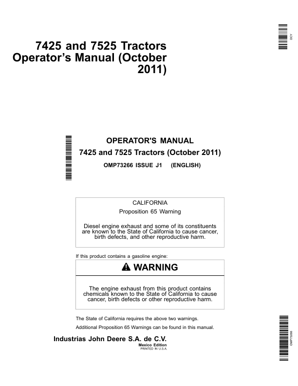 John Deere 7425 & 7525 Tractors Export Edition Operator's Manual (OMP73266)