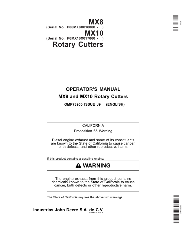 John Deere MX8 Rotary Cutters (018000-019999) MX10 Rotary Cutters (017000-018999) Operator's Manual (OMP73900)