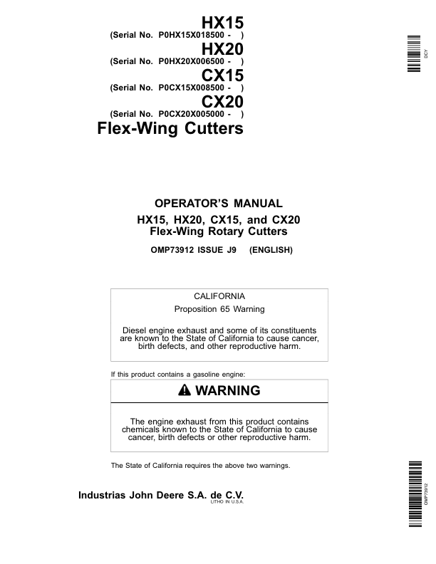 John Deere HX15, HX20, CX15 & CX20 Flex-Wing Rotary Cutters Operator's Manual (OMP73912)