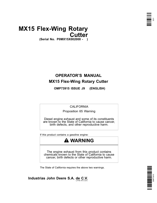 John Deere MX15 Flex-Wing Rotary Cutter Operator's Manual (OMP73915)