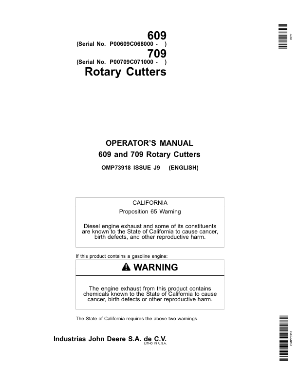 John Deere 609 & 709 Rotary Cutter Operator's Manual (OMP73918)