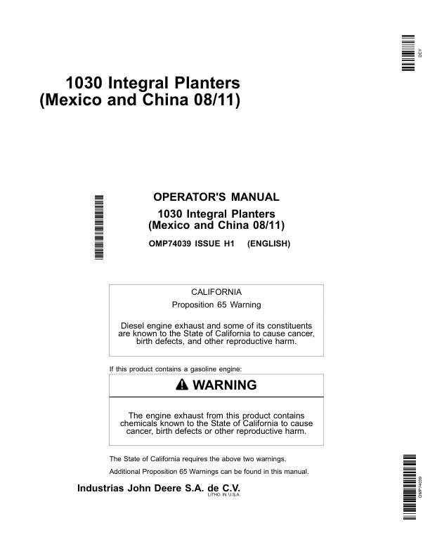 John Deere 1030 Integral Planters Operator's Manual (OMP74039)