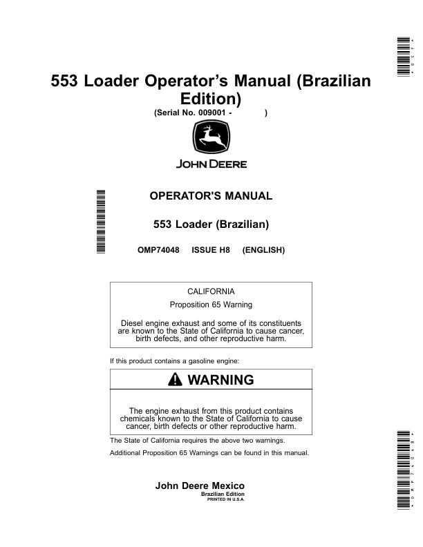 John Deere 553 Loader (Brazilian Edition) Operator's Manual (OMP74048)