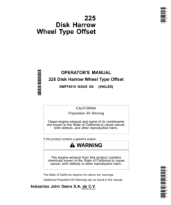 John Deere 225 Disk Harrow Wheel Type Offset (North American) Operator's Manual (OMP74516)
