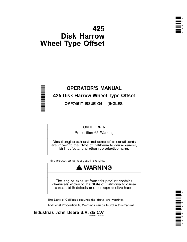 John Deere 425 Disk Harrow Wheel Type Offset (North American) Operator's Manual (OMP74517)
