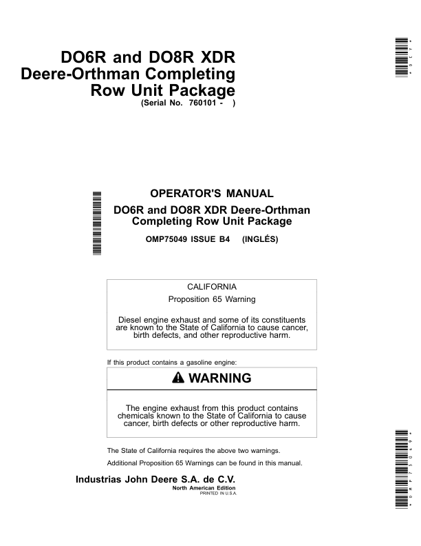John Deere DO6R & DO8R XDR Deere-Orthman Planters Completing Row Unit Package North America (760101-) Operator's Manual (OMP75049)