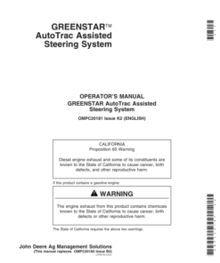 John Deere Greenstar AutoTrac Assisted Steering System Worldwide Edition Operator's Manual (OMPC20181)