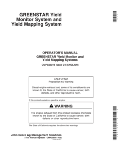 John Deere Greenstar Yield Monitor & Mapping System for 9400, 9500, 9510, 9600, 9610, CTS Series Combines Operator's Manual (OMPC20216)