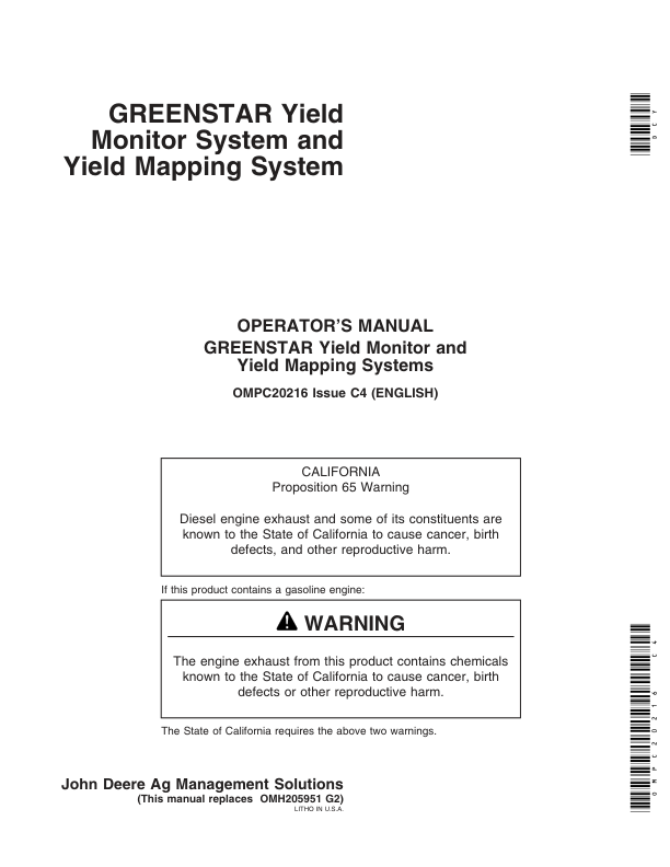 John Deere Greenstar Yield Monitor & Mapping System for 9400, 9500, 9510, 9600, 9610, CTS Series Combines Operator's Manual (OMPC20216)