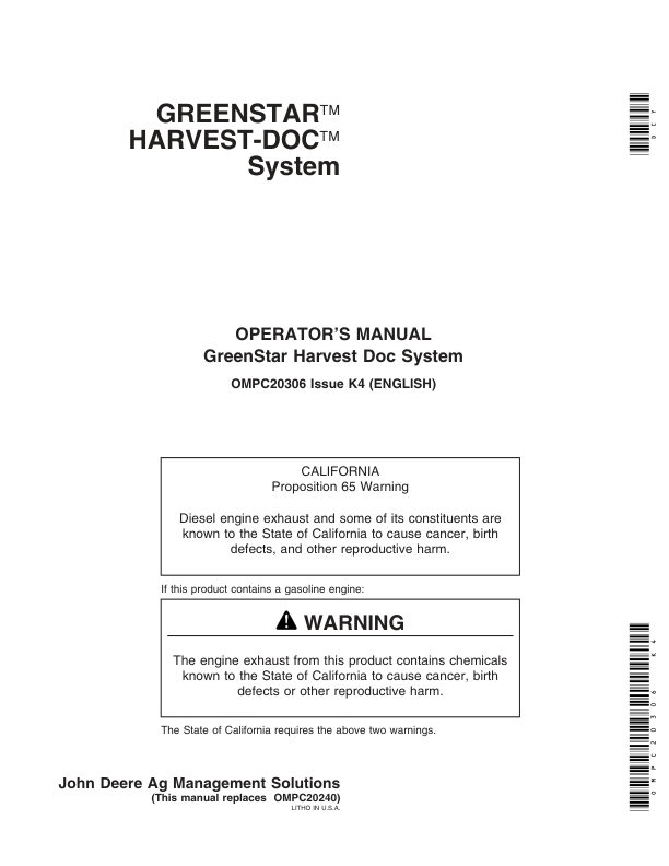 John Deere Greenstar Harvest Doc Combine System Operator's Manual (OMPC20306)