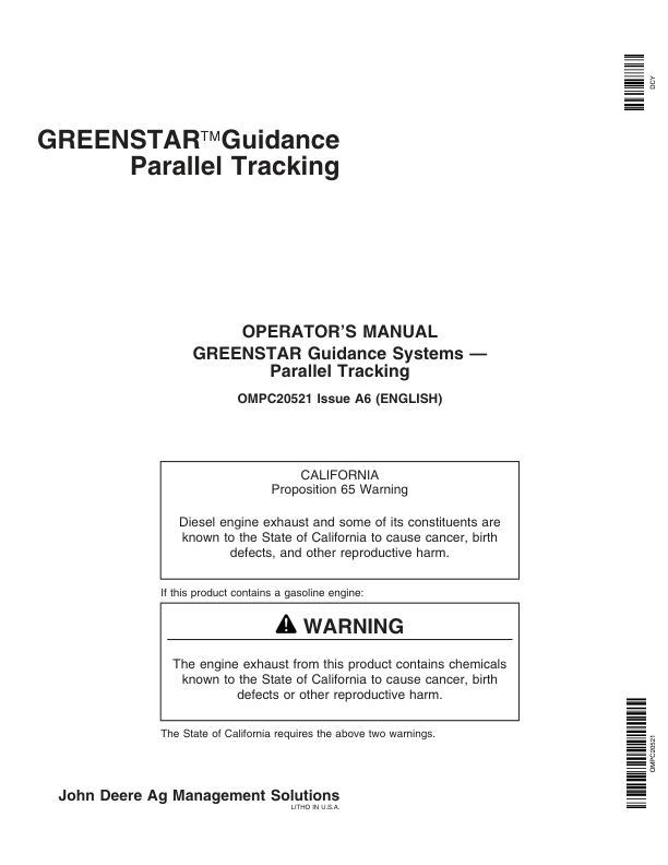 John Deere Greenstar Guidance Parallel Tracking Operator's Manual (OMPC20521)