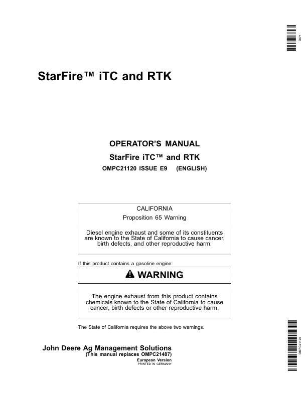 John Deere StarFire iTC, RTK Operator's Manual (OMPC21120)