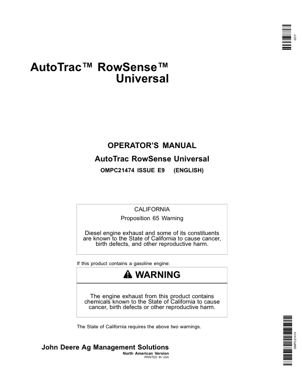 John Deere AutoTrac RowSense Universal Operator's Manual (OMPC21474)