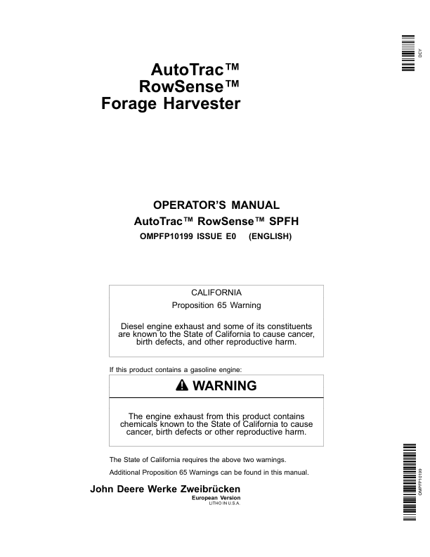 John Deere AutoTrac RowSense SPFH Forage Harvester Operator's Manual (OMPFP10199)