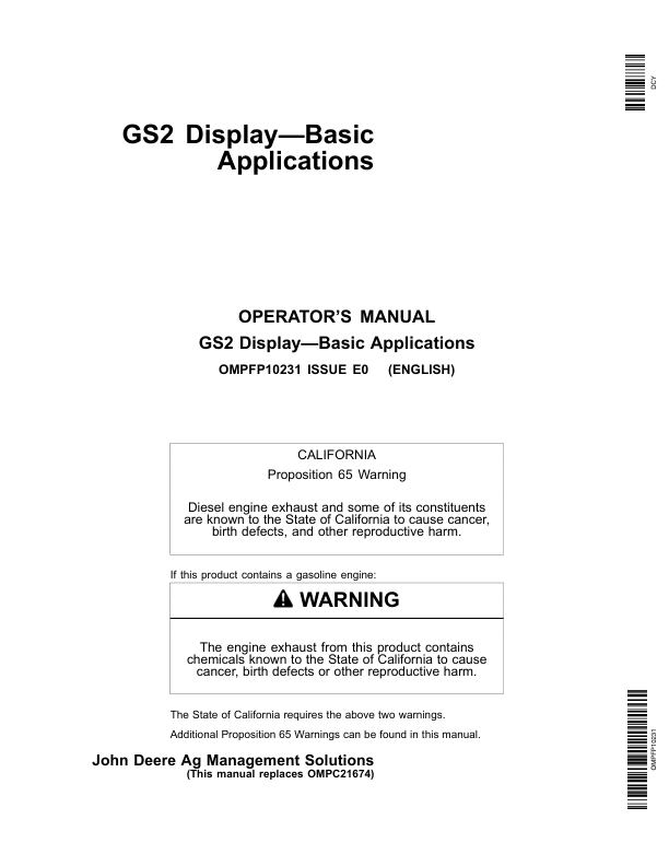 John Deere GS2 Display - Basic Applications Greenstar 2100, 2600 Operator's Manual (OMPFP10231)