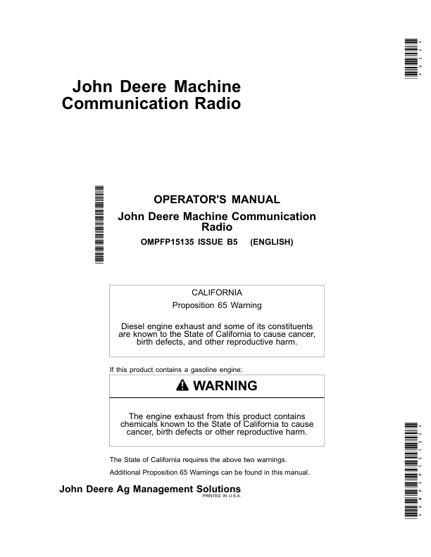 John Deere Machine Communication Radio Operator's Manual (OMPFP15135)