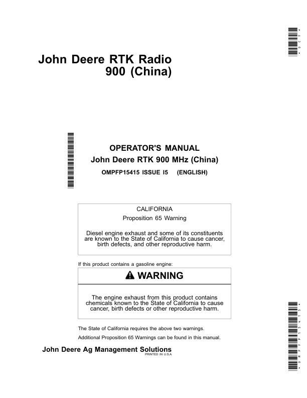 John Deere RTK Radio - 900 MHz China Edition Operator's Manual (OMPFP15415)