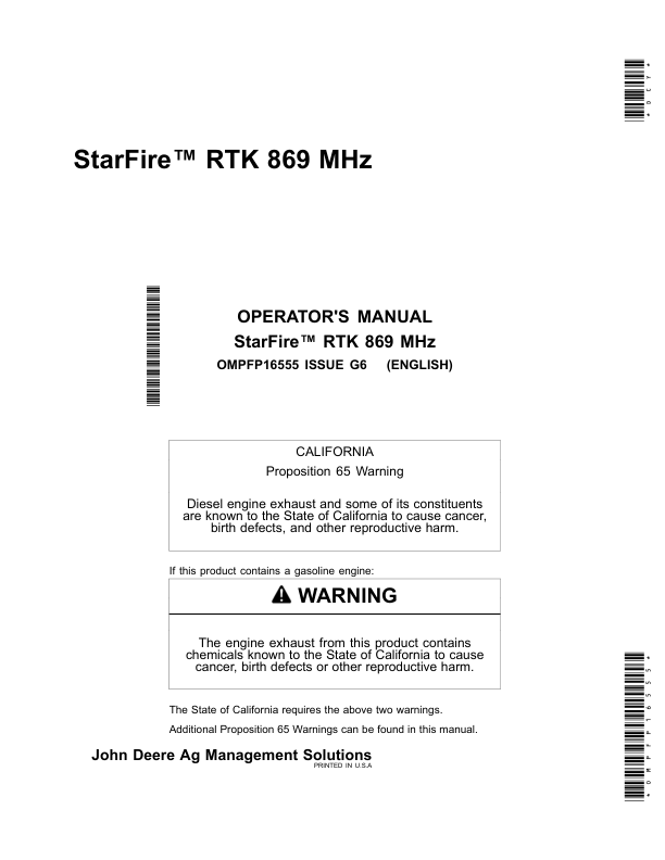 John Deere StarFire RTK 869 MHz (Worldwide Edition) Operator's Manual (OMPFP16555)