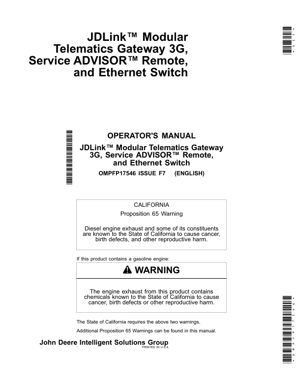 John Deere JDLink Modular Telematics Gateway3G, Service ADVISOR Remote & Ethernet Switch Operator's Manual (OMPFP17546)