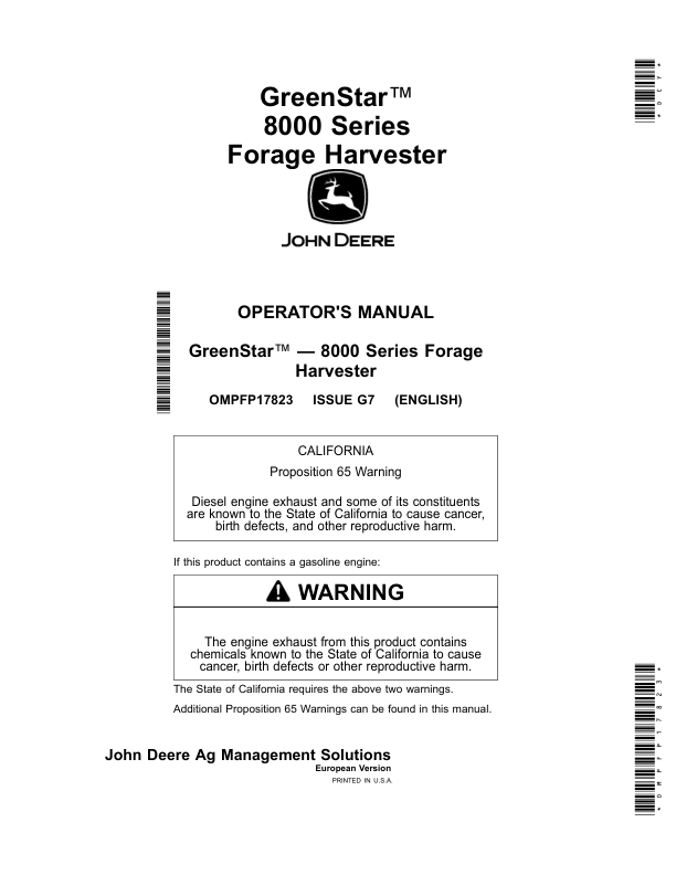 John Deere GreenStar 8000 Series Forage Harvesters Operator's Manual (OMPFP17823)
