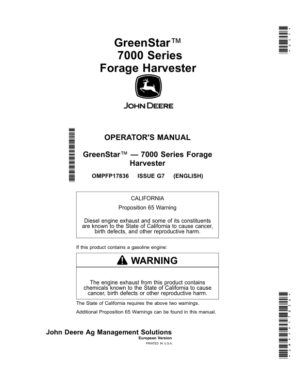 John Deere GreenStar 7000 Series Forage Harvesters Operator's Manual (OMPFP17836)