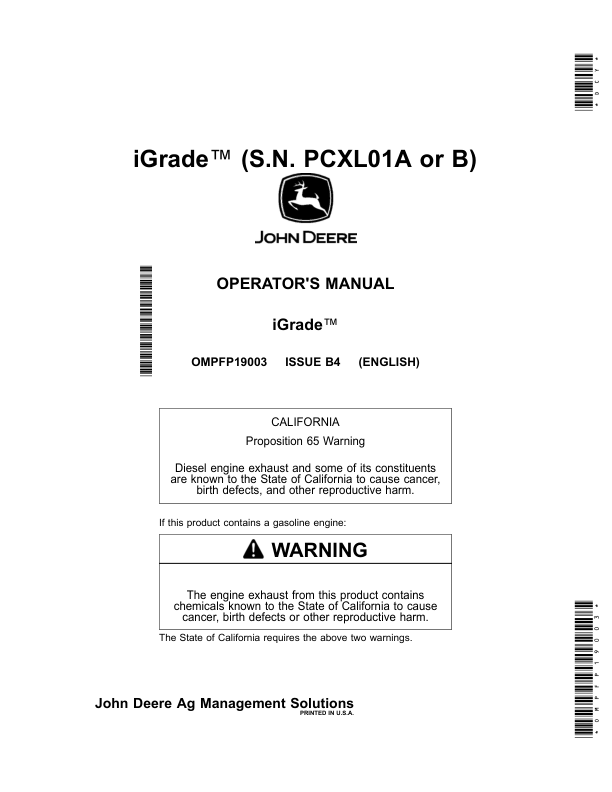 John Deere iGrade (S.N. PCXL01A or B) Operator's Manual (OMPFP19003)