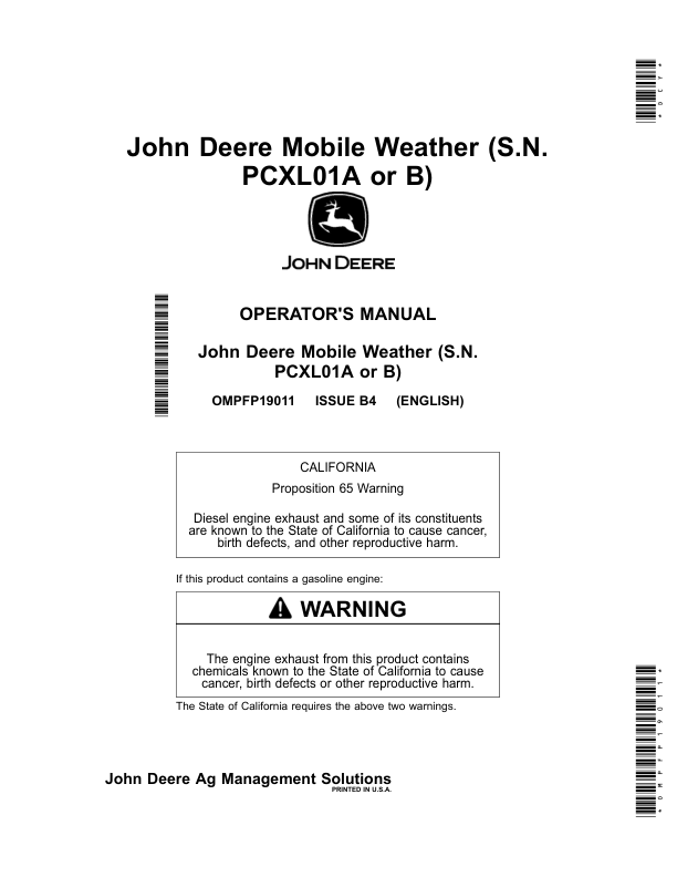 John Deere Mobile Weather (S.N. PCXL01A or B) Operator's Manual (OMPFP19011)