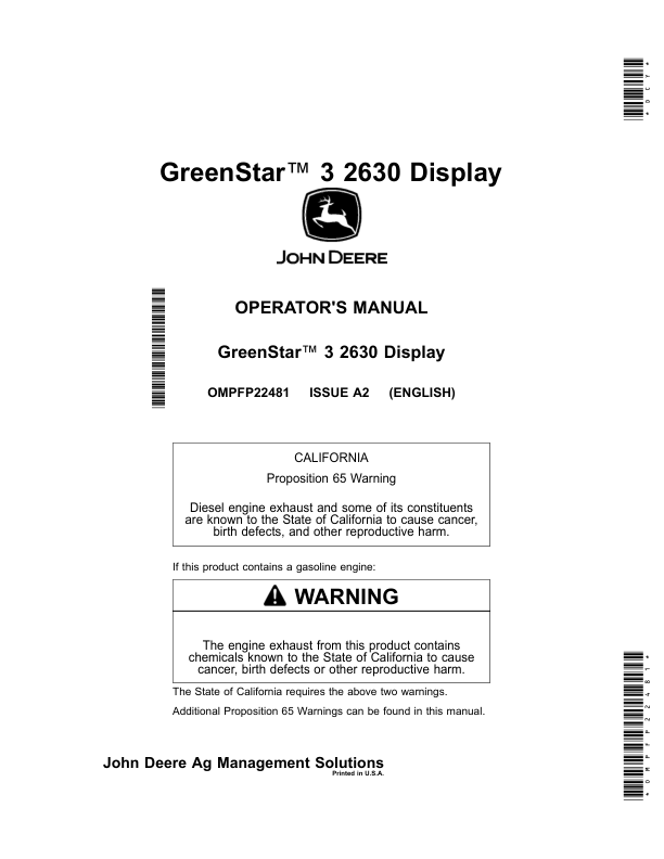 John Deere GreenStar 3 2630 Display Operator's Manual (OMPFP22481)