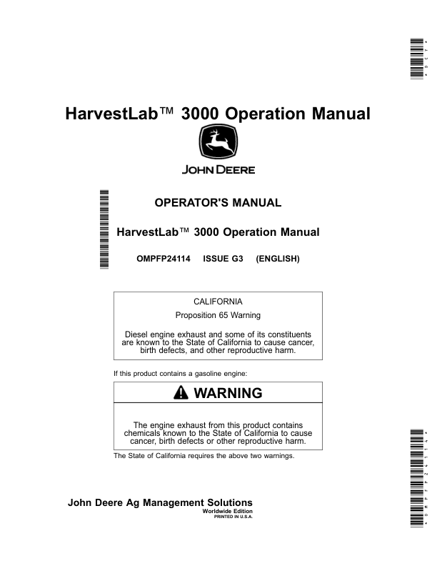 John Deere HarvestLab 3000 Operation Manual (Worldwide Edition) Operator's Manual (OMPFP24114)