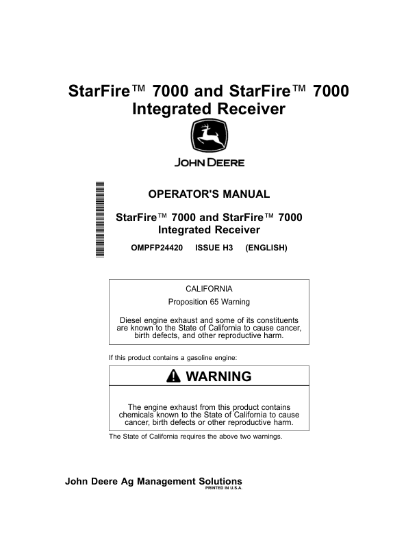 John Deere StarFire 7000, StarFire 7000 Integrated Receiver Operator's Manual (OMPFP24420)