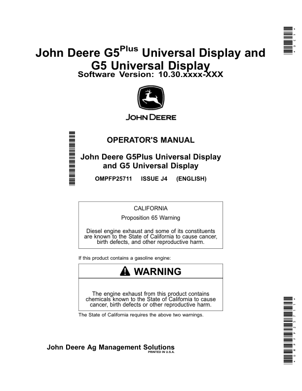 John Deere G5Plus Universal Display, G5 Universal Display Software Version: 10.30.xxxx-XXX Operator's Manual (OMPFP25711)