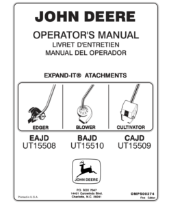 John Deere EAJD Edger (UT15508), BAJD Blower (UT015510), CAJD Cultivator (UT15509) Expand-It Attachments Operator's Manual (OMPS00274)