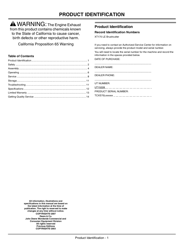 John Deere XT170 LE Brushcutter (UT15228) Operator's Manual (OMPS05084) - Image 2