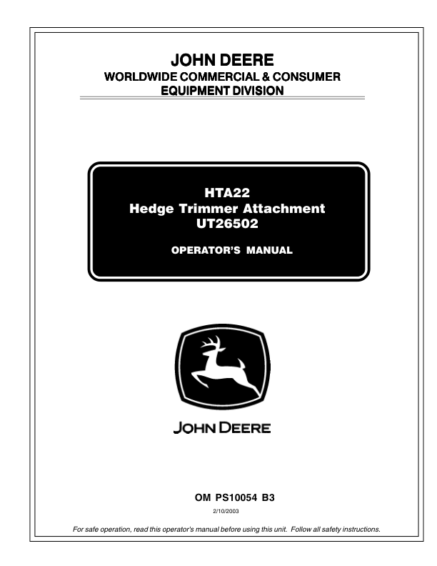 John Deere HTA22 Hedge Trimmer Attachment Operator's Manual (OMPS10054)