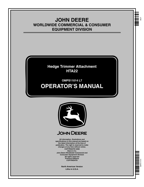 John Deere HTA22 Hedge Trimmer Attachment (002204-) Operator's Manual (OMPS11014)