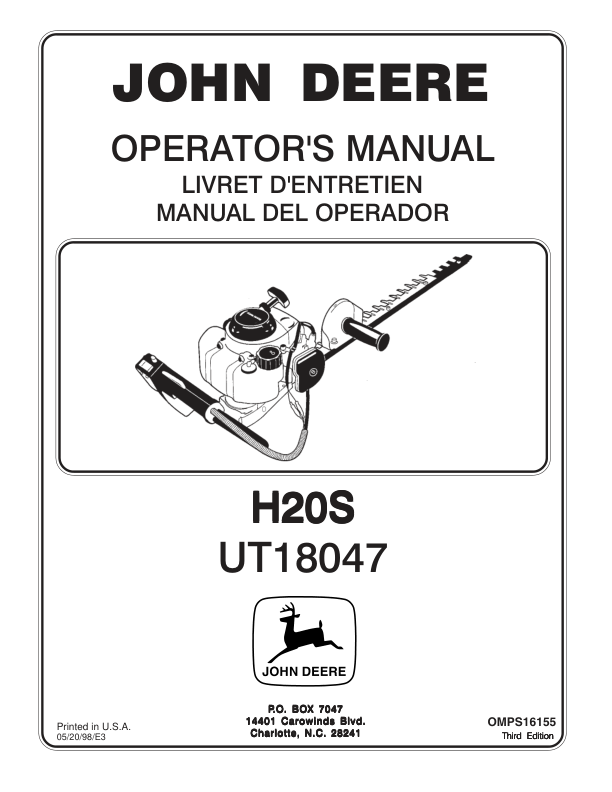John Deere H20S-Hedge Trimmer (UT18047) Operator's Manual (OMPS16155)