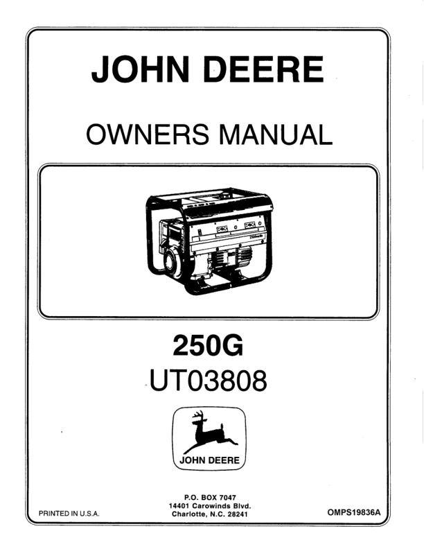 John Deere 250G Generator (UT03808) Operator's Manual (OMPS19836A)