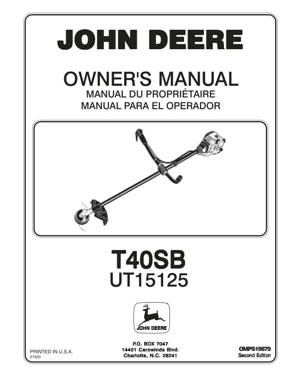 John Deere T40SB String Trimmer (UT15125) Operator's Manual (OMPS19879)