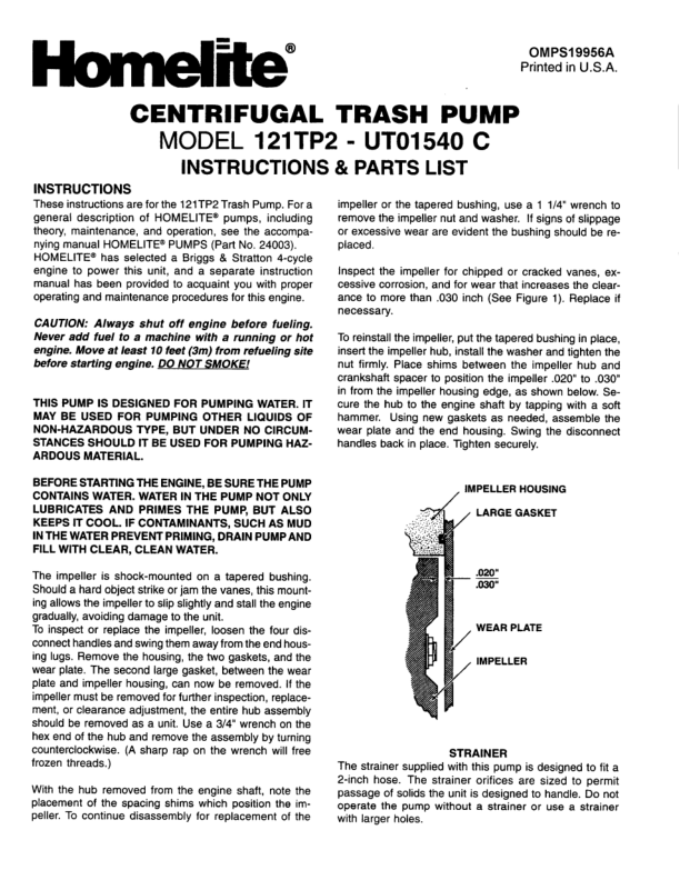 John Deere 121TP2, HTP2 Self Priming Trash Pump Operator's Manual (OMPS19956A)